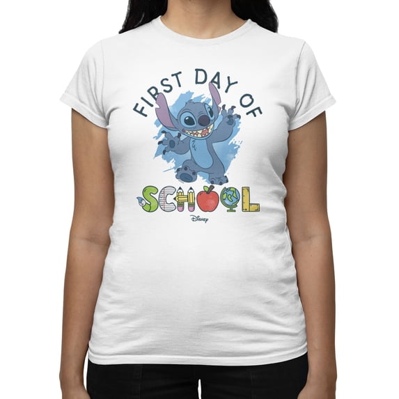 Disney Lilo & Stitch Women's First Day Of School Supply Letters T-Shirt (White, S-XXL)