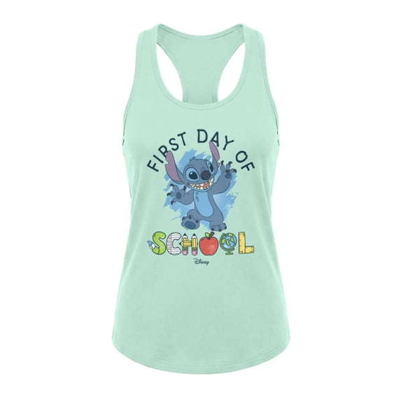 Disney Lilo & Stitch Women's First Day Of School Supply Letters Tank Top (Mint, S-XXL)