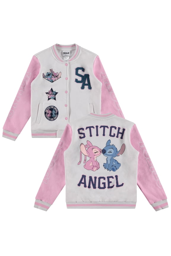 Lilo,Stitch and Angel Varsity Bomber Jacket - Little and Big Girl Sizes 4-16, Light Grey/Pink, 7-8