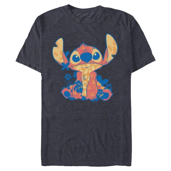 Disney Lilo & Stitch in Hawaiian Floral Print - Short Sleeve Blended T-Shirt for Adults - Customized-Navy Heather