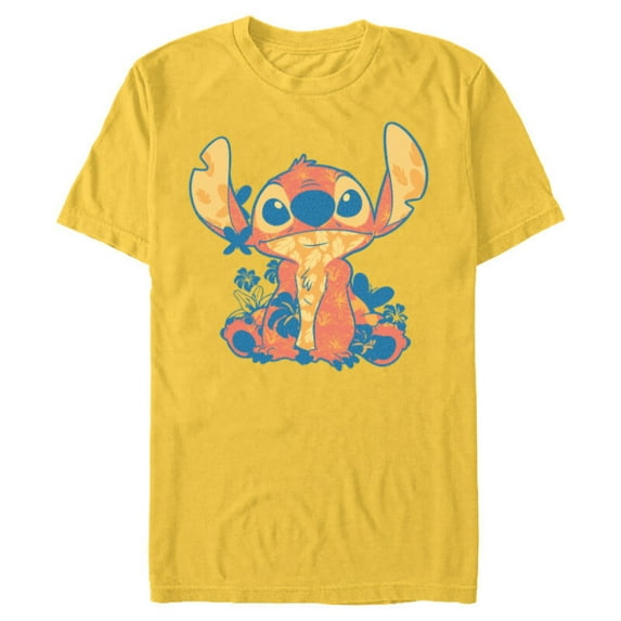 Disney Lilo & Stitch in Hawaiian Floral Print - Short Sleeve Blended T-Shirt for Adults - Customized-Yellow