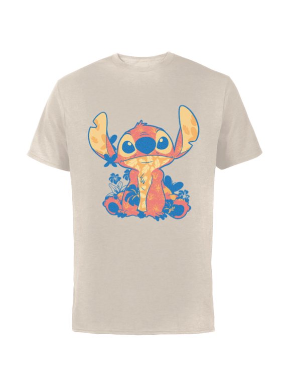 Lilo & Stitch in Hawaiian Floral Print - Short Sleeve Cotton T-Shirt for Adults - Customized-Natural