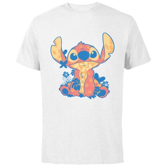 Disney Lilo & Stitch in Hawaiian Floral Print - Short Sleeve Cotton T-Shirt for Adults - Customized-White