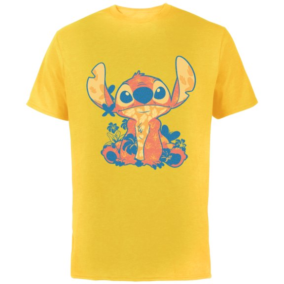Disney Lilo & Stitch in Hawaiian Floral Print - Short Sleeve Cotton T-Shirt for Adults - Customized-Yellow