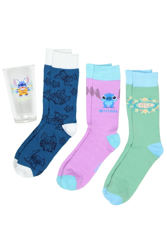 Disney Lilo and Stitch 3 Pairs of Socks And Pint Glass Gift Set Bundle