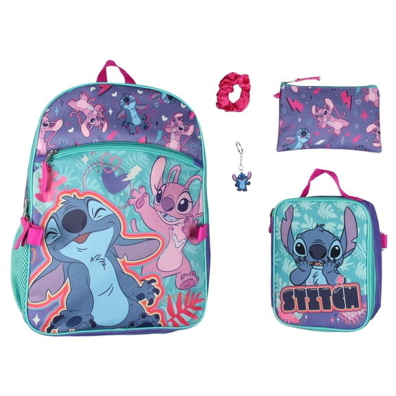 Disney Lilo and Stitch Angel 5 Pc Set Backpack Lunch Box Key Chain Pencil Case Scrunchie 16"