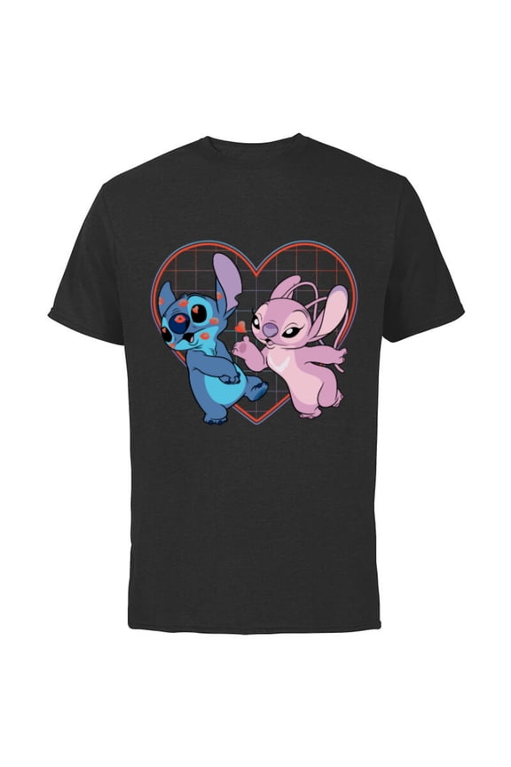 Lilo and Stitch Angel Heart Kisses - Short Sleeve Cotton T-Shirt for Adults -Customized-Black