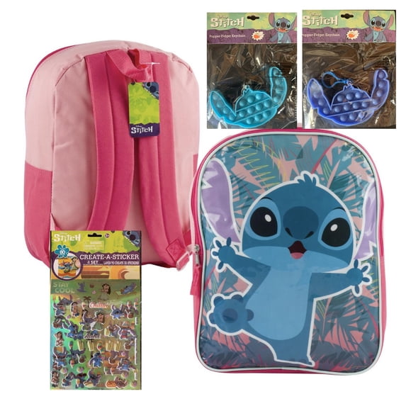 Disney Lilo and Stitch Backpack 4 Piece Set with 2 Fidget Popper Toys and Create a Sticker Set Pink and Blue Perfect for Back to School