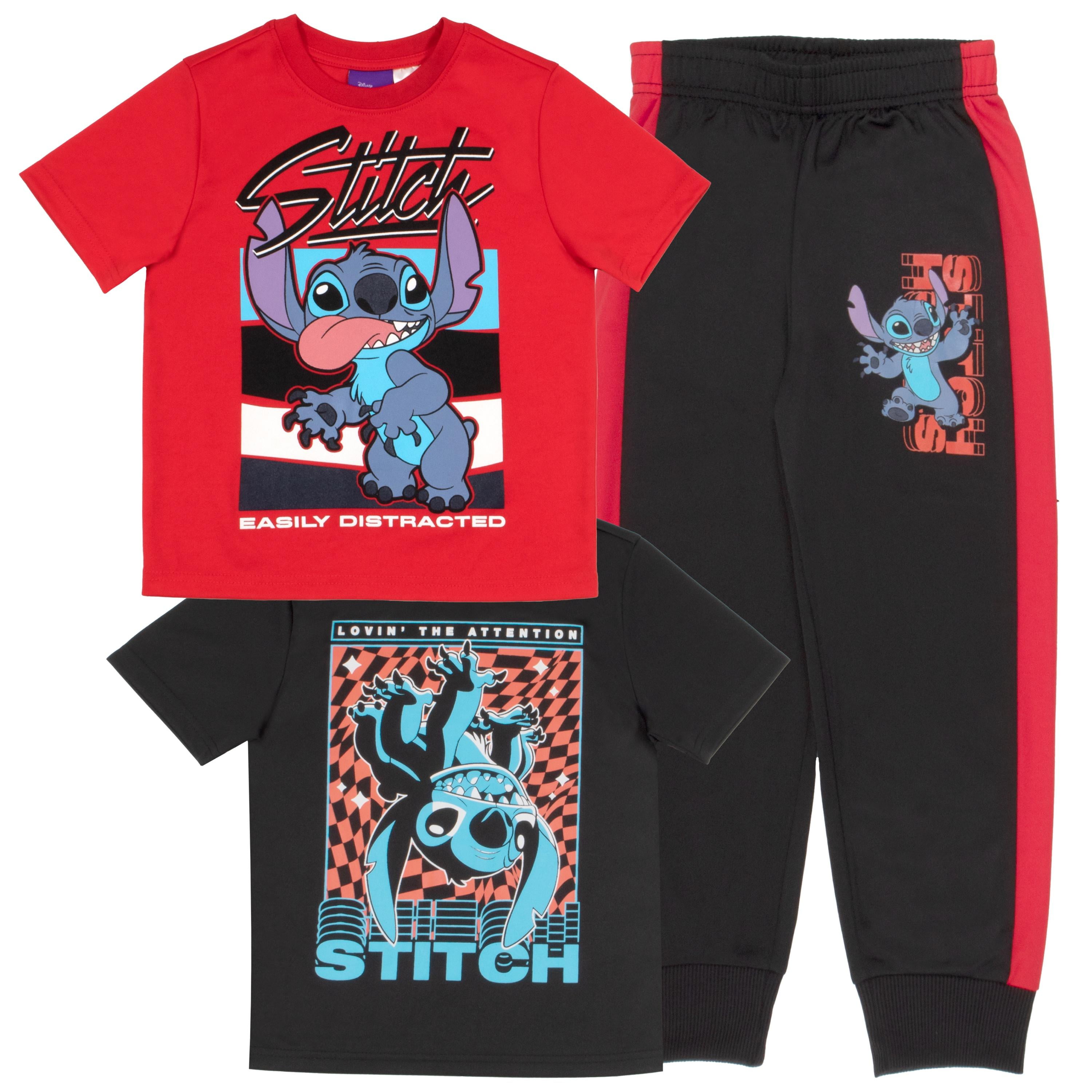 Disney Lilo and Stitch Boys 3-Piece Pants Set, Two Short Sleeve T-Shirts & Jogger Pants 3-Pack Bundle Set (Size 4-6)