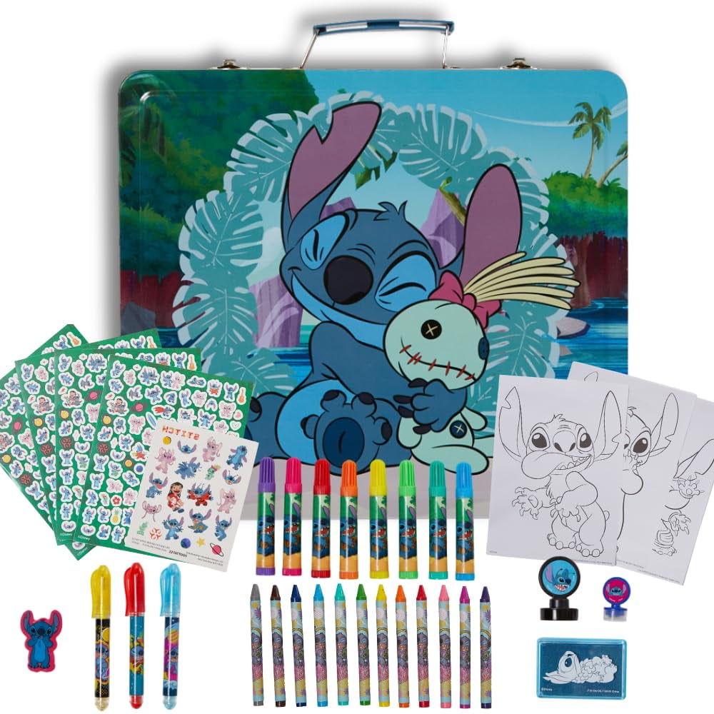 Disney Lilo and Stitch Deluxe Activity Set with Carrying Tin, Coloring Sheets, Tattoos, Stickers, & Art Supplies