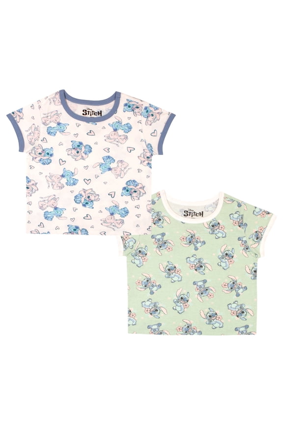 Lilo and Stitch Girls Graphic Tees Short Sleeve T Shirts Lilo & Stitch All Over Print T Shirt 2 Pack Girls Tops (Size 4-16)