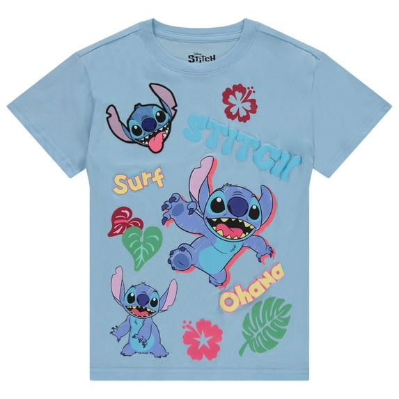 Disney Lilo and Stitch Girls Short Sleeve T-Shirt- Stitch Girls Tee Sizes 4-16 Lt Blue