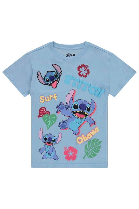 Lilo and Stitch Girls Short Sleeve T-Shirt- Stitch Girls Tee Sizes 4-16 Lt Blue