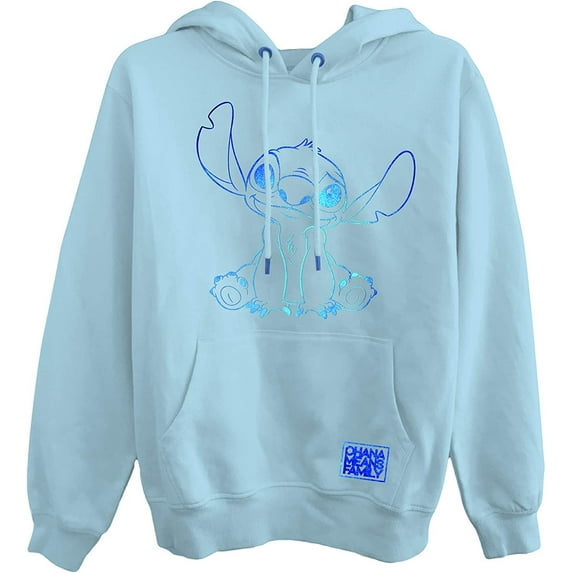 Disney Lilo and Stitch Ladies Classic Sweatshirt, Ohana With Foil Hoodie Light Blue - XL