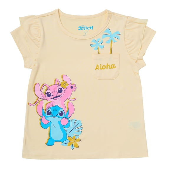 Disney Lilo and Stitch Shirt for Girls, Ruffle Sleeve T-Shirt with Puff Ink Aloha Pocket, Kids Tee (Yellow, 4)