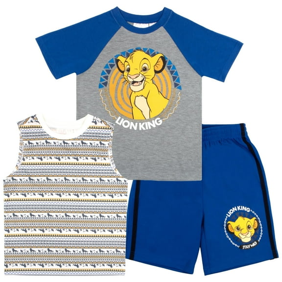 Disney Lion King Boys 3 Piece Short Set Lion King Short Sleeve Shirt Tank Top Shirt and Shorts 3 Pack Bundle Set for Kids (Size 3T-8)