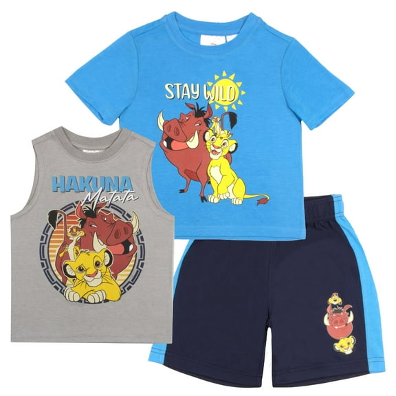 Disney Lion King Boys 3 Piece Short Set Lion King Short Sleeve Shirt Tank Top Shirt and Shorts 3 Pack Bundle Set for Kids (Size 3T-8)