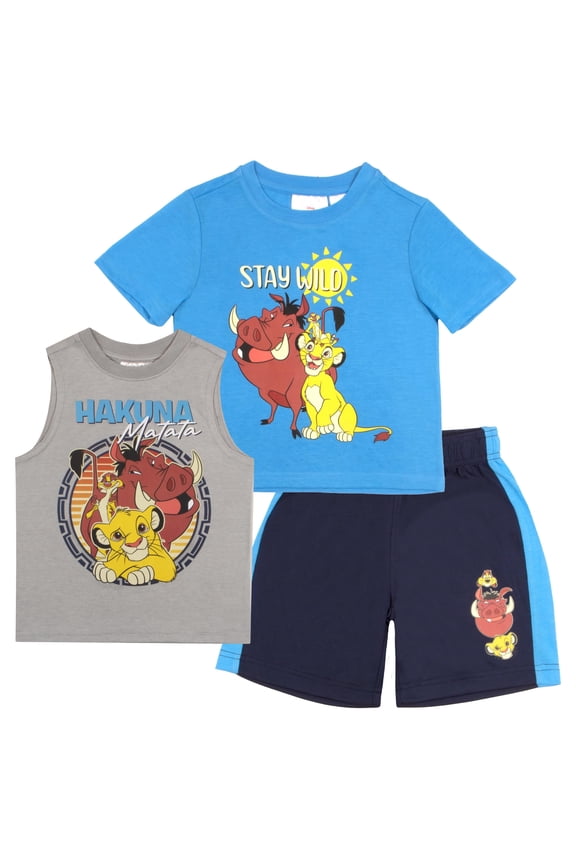 Disney Lion King Boys 3 Piece Short Set Lion King Short Sleeve Shirt Tank Top Shirt and Shorts 3 Pack Bundle Set for Kids (Size 3T-8)