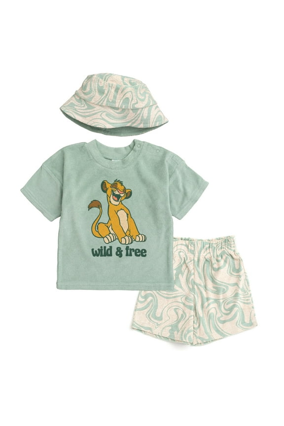 Lion King Simba T-Shirt Shorts and Bucket Sun Hat 3 Piece Outfit Set Newborn to Infant