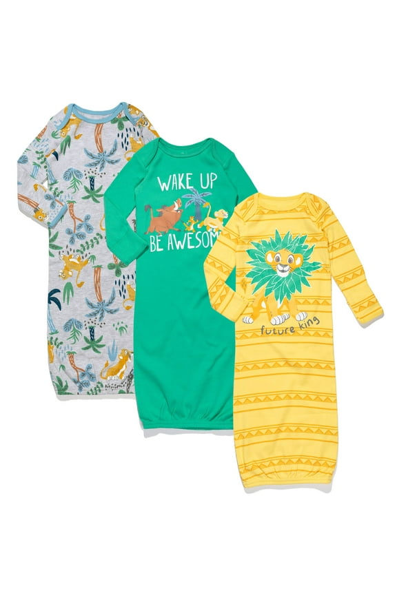 Lion King Pumbaa Timon Simba Newborn Baby Boys 3 Pack Sleeper Gown Multicolored 0-6 Months