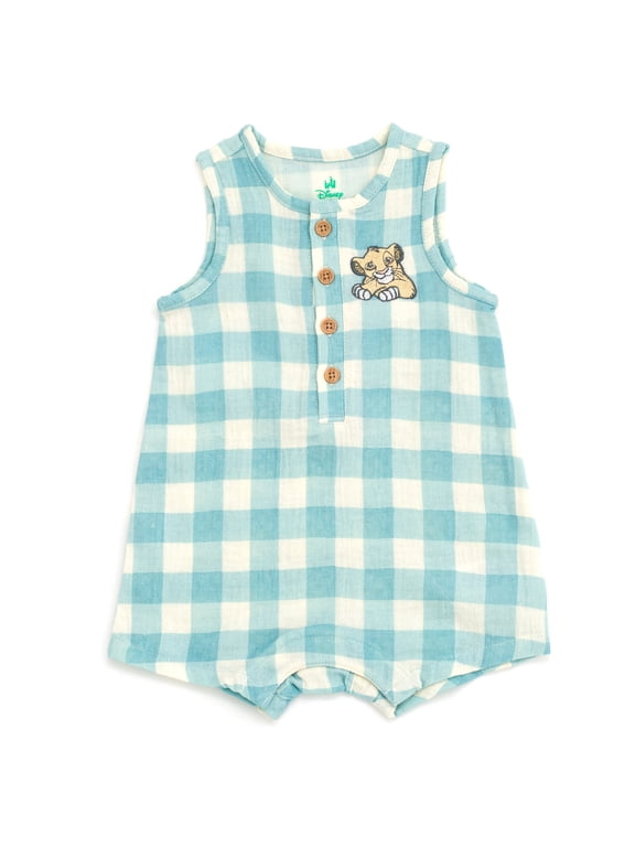 Disney Lion King Baby Boys' Sleeveless Cotton Gauze Button Romper Sage Green Gingham Simba