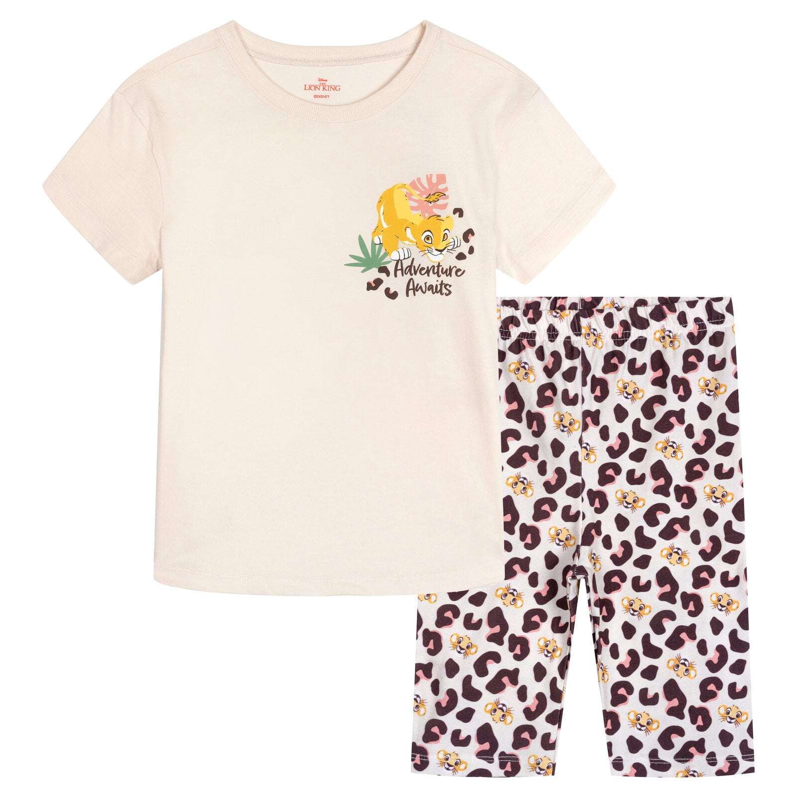 Disney Lion King Big Girls' 2-Piece T-Shirt and Bike Shorts Set Simba Mufasa Beige