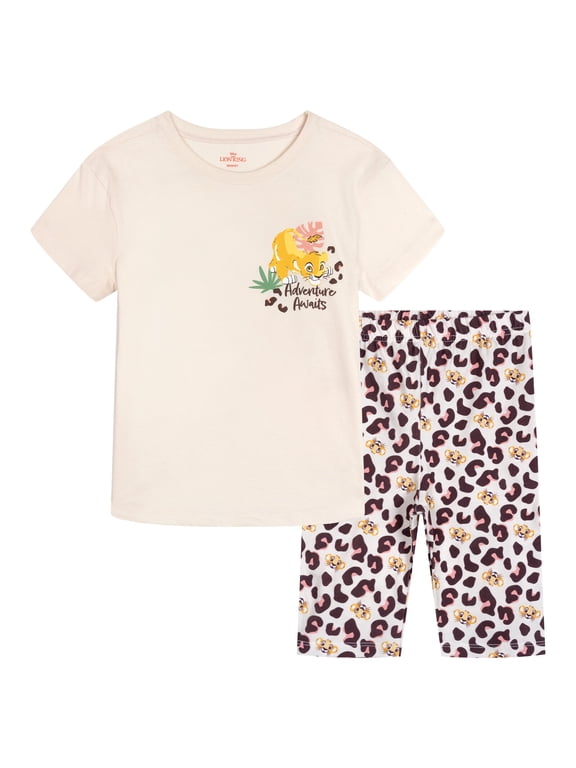 Lion King Little Girls' 2-Piece T-Shirt and Bike Shorts Set Simba Mufasa Beige