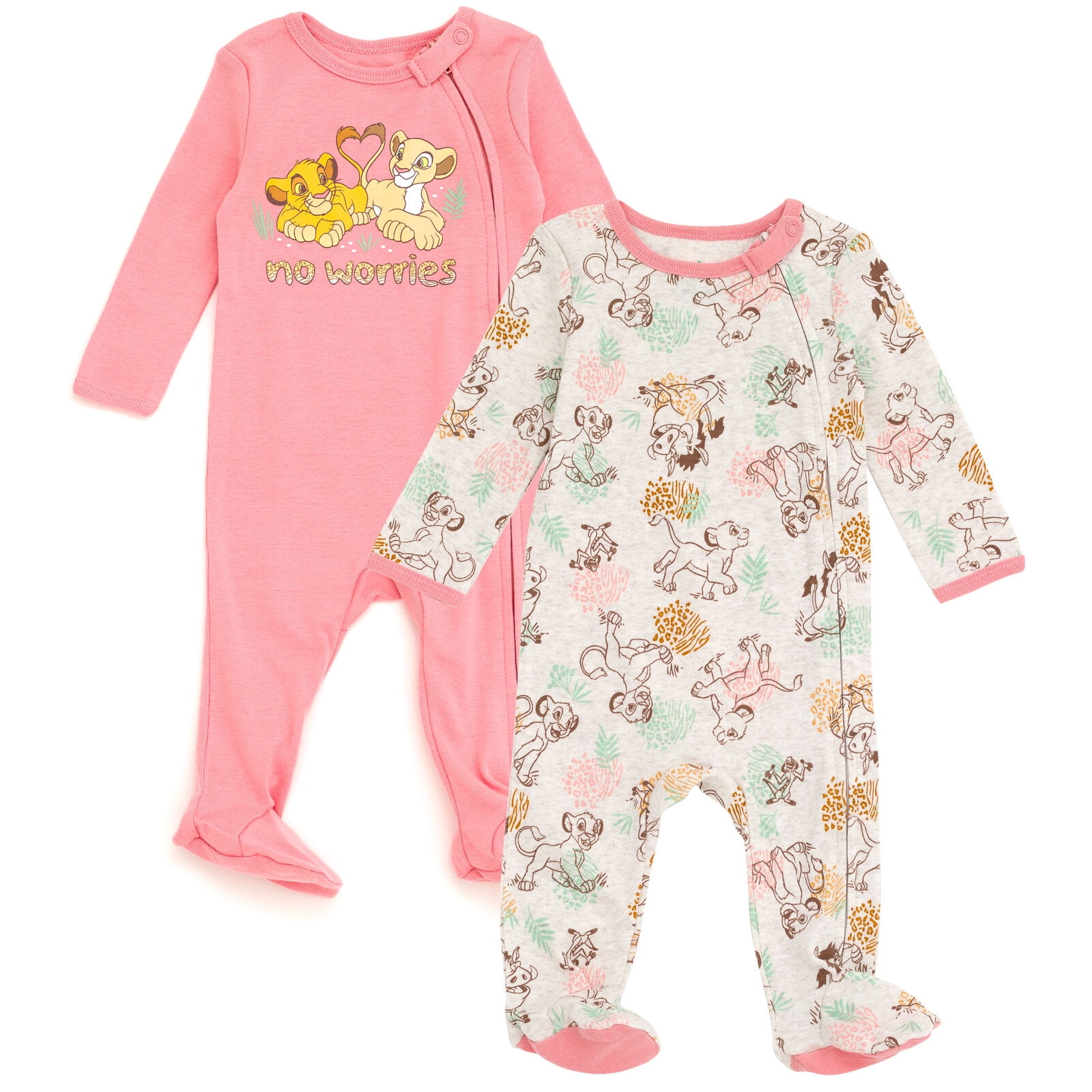 Disney Lion King Baby Girls' 2-Pack Footed Sleep N' Play Coveralls Lion Pink Oatmeal