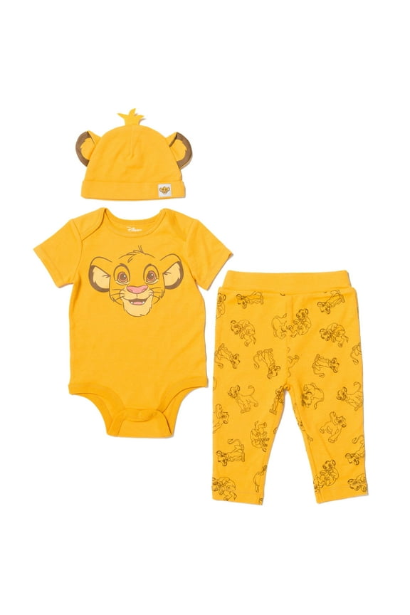 Lion King Simba Newborn Baby Boys Bodysuit Pants and Hat 3 Piece Outfit Set Newborn to Infant