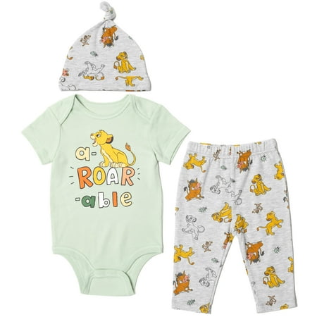 Disney Lion King Simba Timon Pumbaa Bodysuit Pants and Hat 3 Piece Outfit Set Newborn to Infant