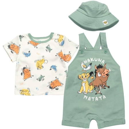 Disney Lion King Simba Timon Pumbaa Boy French Terry Short Overalls T-Shirt and Hat (Newborn)