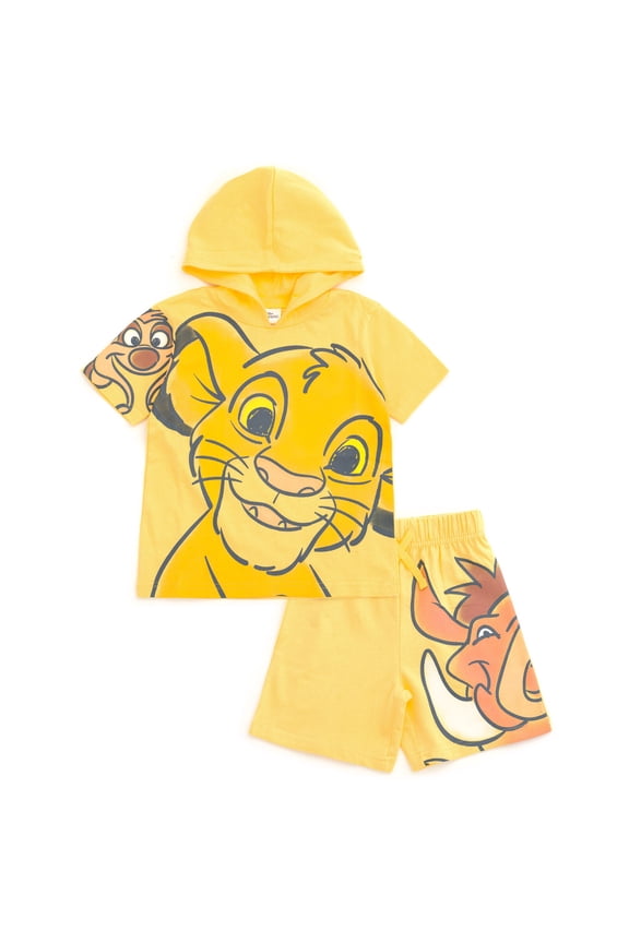 Lion King Toddler Boys' Cosplay 2-Piece Hooded Tee and Shorts Set Simba Timon Yellow