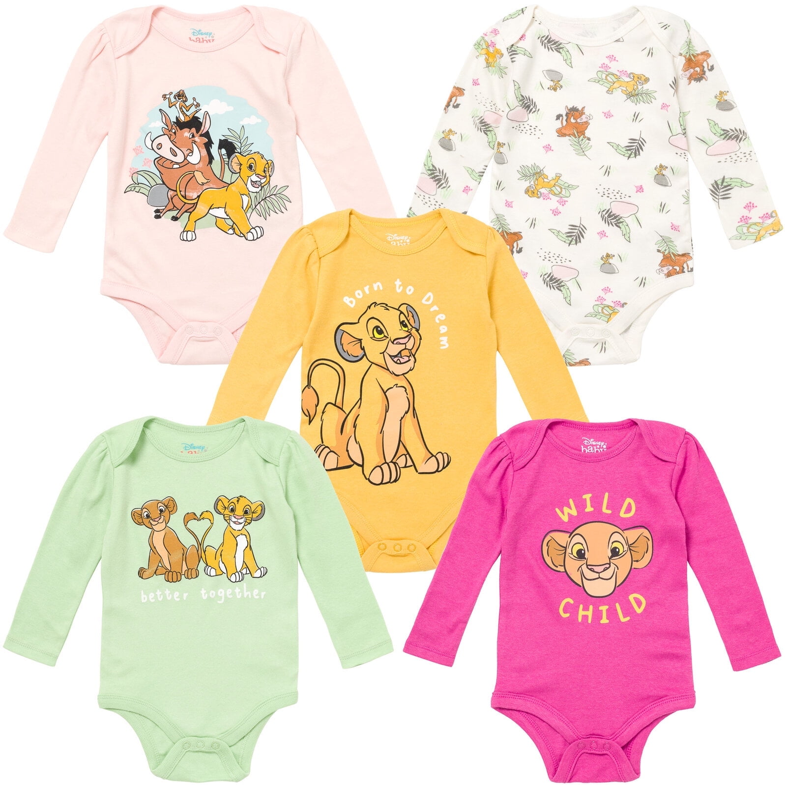 Disney Lion King Simba Timon Pumbaa Newborn Baby Girls 5 Pack Bodysuits Newborn to Infant