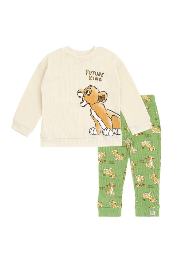 Lion King Simba Waffle Knit Drop Shoulder Sweatshirt and Jogger Pants Outfit Set Newborn to Toddler