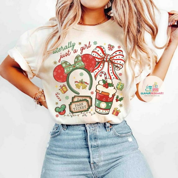 Disney Literally Just A Girl Christmas Comfort Colors T-Shirt, Minnie Bow Coffee Tee, Disney Merry Christmas Shirt Disneyland