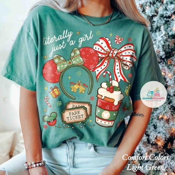 Disney Literally Just A Girl Christmas Comfort Colors T-Shirt, Minnie Bow Coffee Tee, Disney Merry Christmas Shirt Disneyland ,Light Green Color,Size M