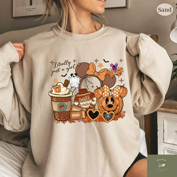 Disney Literally Just A Girl Halloween Sweatshirt, Minnie Bow Coffee Disney Pumpkin Fall Shirt, Halloween Shirt For Women, Disney Girl's Trip,Sand Color,Size L