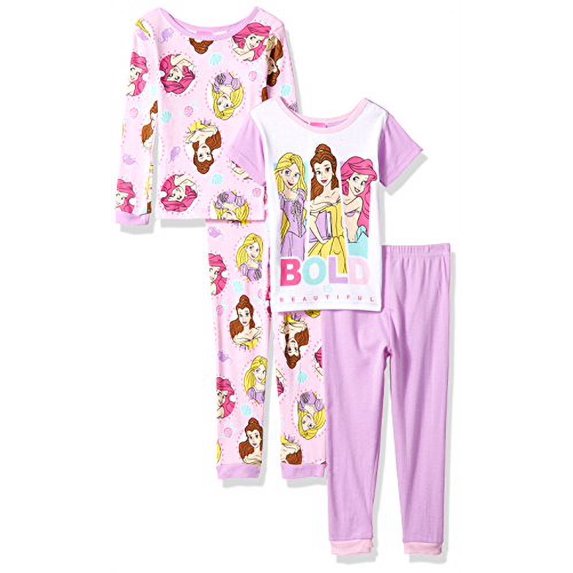 Disney Little Girls' Mermaid 4-Piece Cotton Pajama Set, Under the Sea Blue, 2T