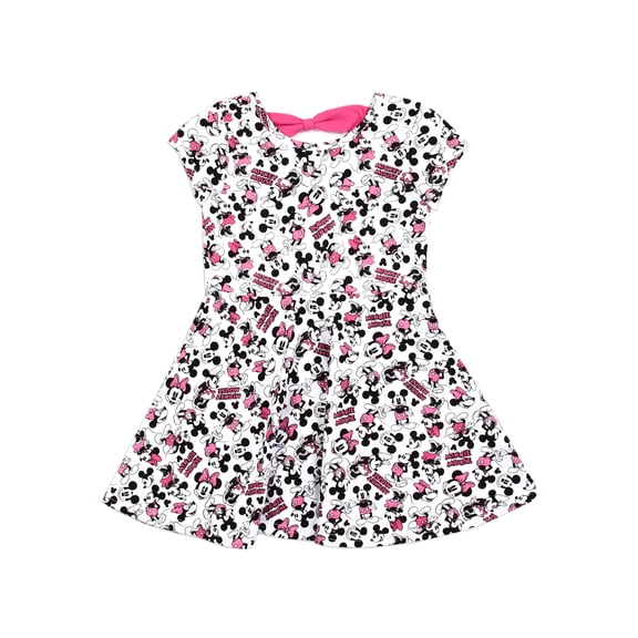 Disney Little Girls' Minnie Mouse Allover Print Knit Dress, White (4T)
