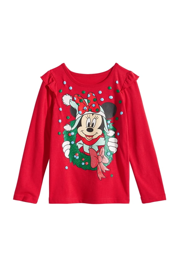 Little Girls Minnie Mouse Wreath T-Shirt Red 5