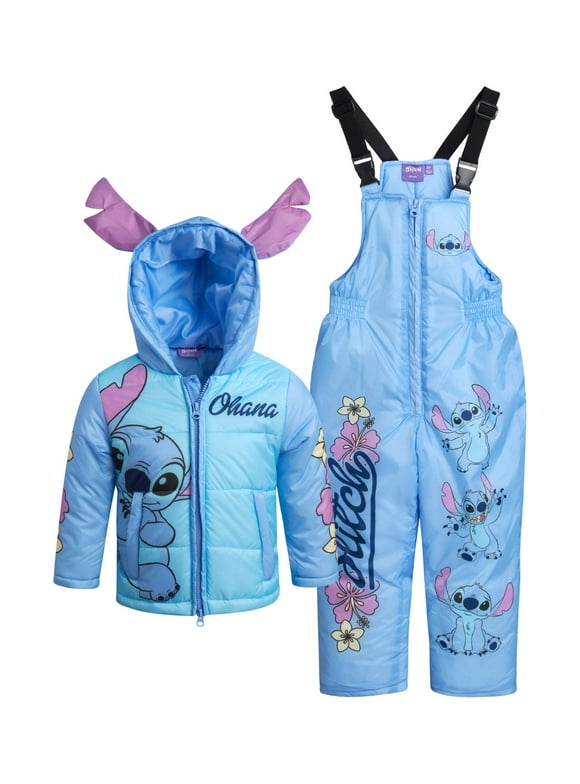 Disney Girls Snowsuit Set - Minnie Mouse Lilo and Stitch 2 Piece Puffer Ski Jacket and Snow Bibs
