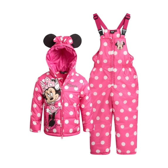 Disney Girls Snowsuit Set - Minnie Mouse Lilo and Stitch 2 Piece Puffer Ski Jacket and Snow Bibs