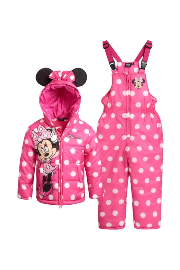Disney Girls Snowsuit Set - Minnie Mouse Lilo and Stitch 2 Piece Puffer Ski Jacket and Snow Bibs