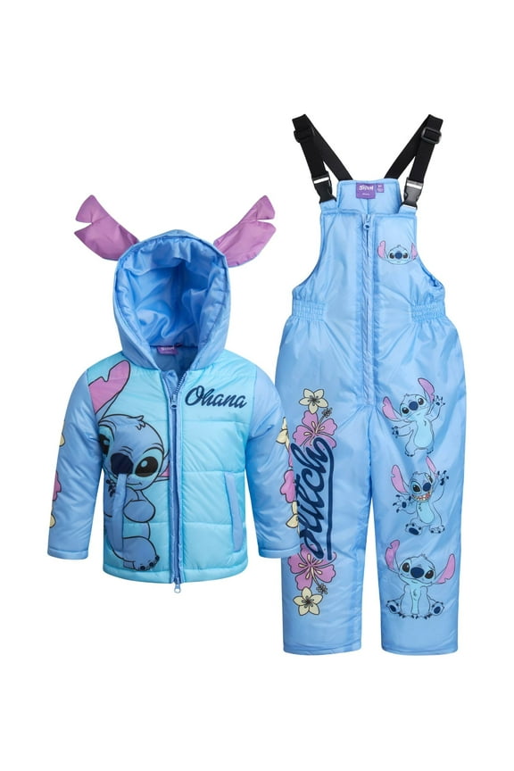 Disney Girls Snowsuit Set - Minnie Mouse Lilo and Stitch 2 Piece Puffer Ski Jacket and Snow Bibs