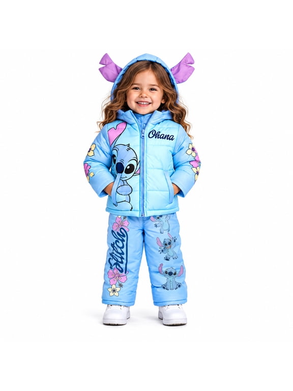 Girls Snowsuit Set - Minnie Mouse Lilo and Stitch 2 Piece Puffer Ski Jacket and Snow Bibs