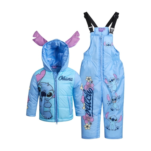 Disney Girls Snowsuit Set - Minnie Mouse Lilo and Stitch 2 Piece Puffer Ski Jacket and Snow Bibs