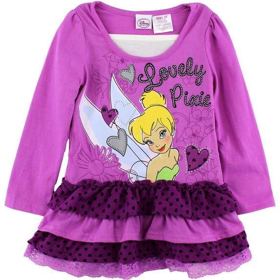 Disney Little Girls' Toddler Long Sleeve Tinkerbell Ruffle Dress, Purple, 2T