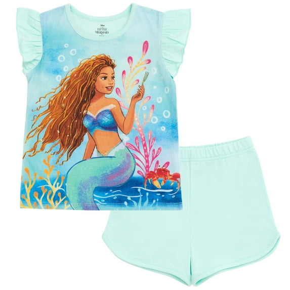 Disney Little Mermaid Ariel Big Girls T-Shirt and French Terry Shorts Outfit Set Toddler to Big Kid