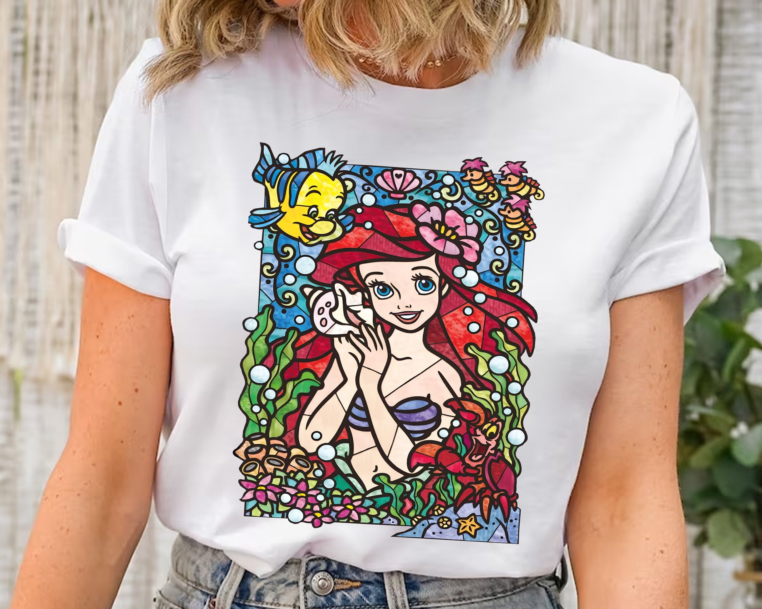 Disney Little Mermaid Ariel Princess & Flounder Stained Glass Shirt
