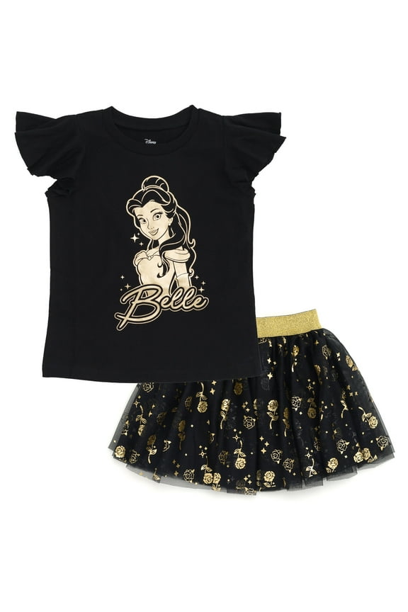 Little Mermaid Princess Ariel Metallic Print T-Shirt and Tulle Mesh Skirt Toddler to Big Kid